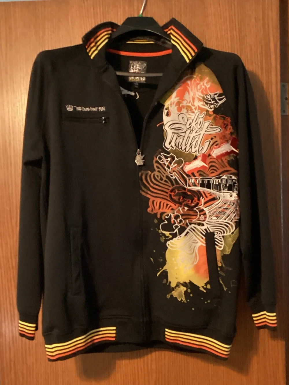 Black Graphic Zip-Up Sweater Jacket with Yellow & Red Accents